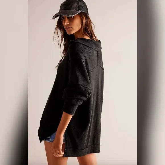 Free People We The Free Walk Away Half Zip Tunic Pullover - Size Medium, Black - Picture 2 of 8